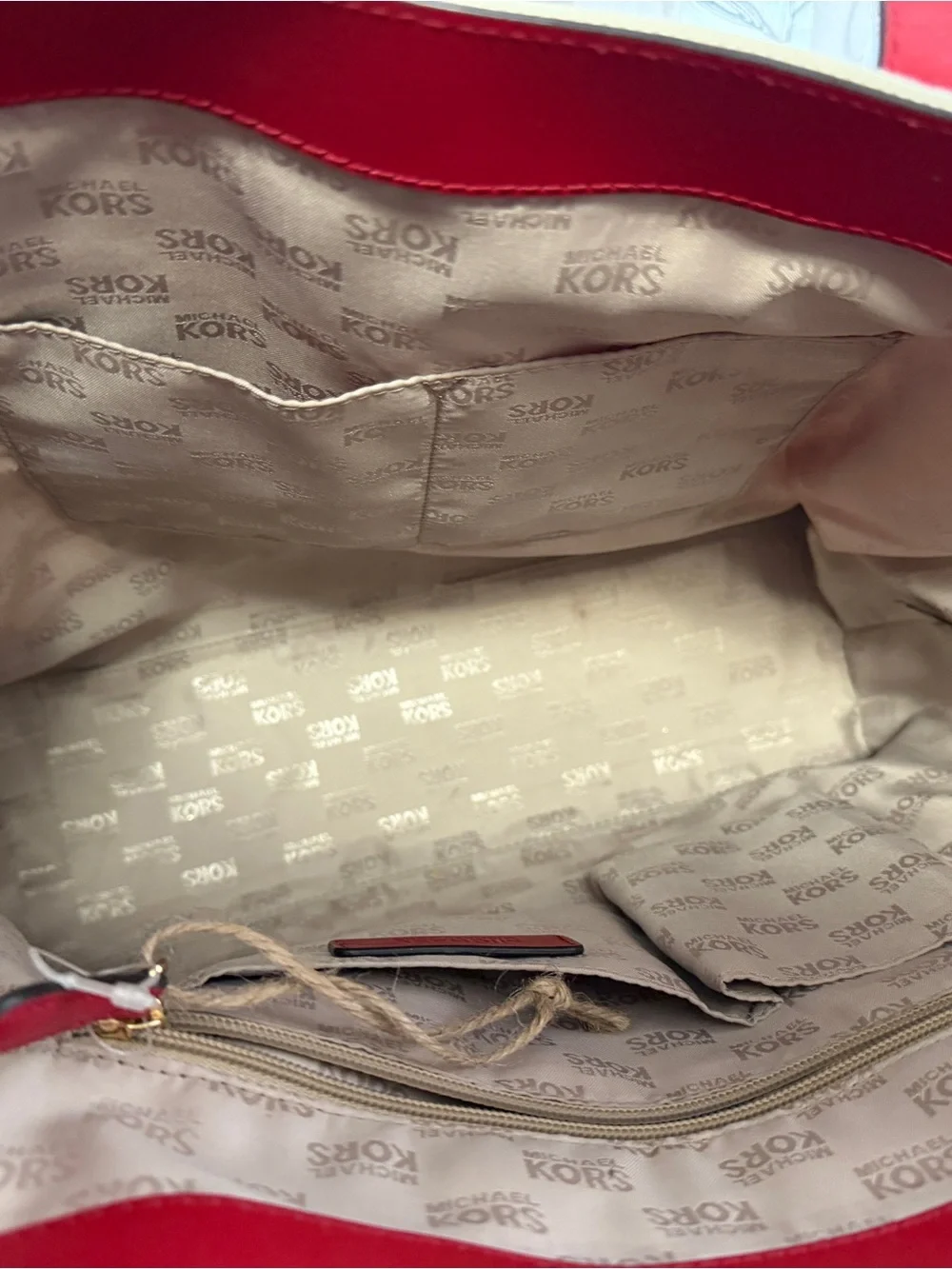 Michael Kors Red and Cream Striped Canvas Tote with Gold MK Emblem